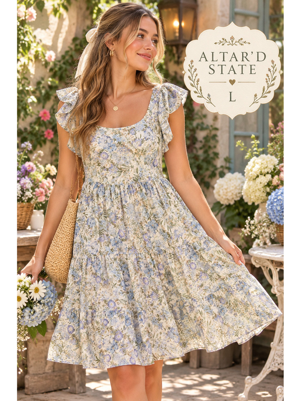 Altar'd State | L | Cream Blue Floral Tiered Flutter Strap Mini Dress